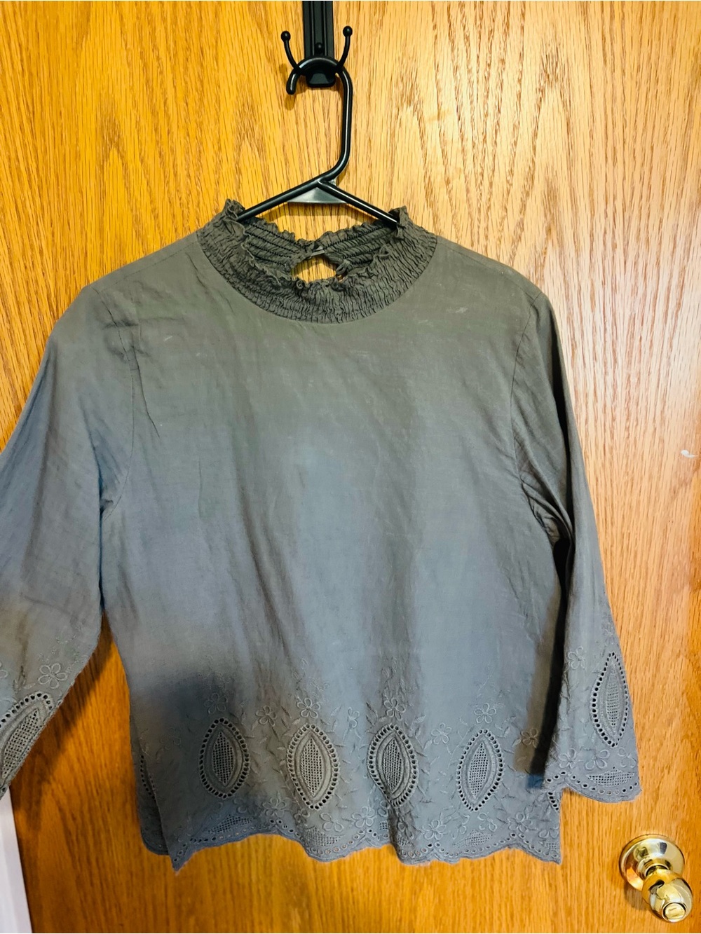 Roolee Olive Green Eyelet-Hem Long Sleeve Top